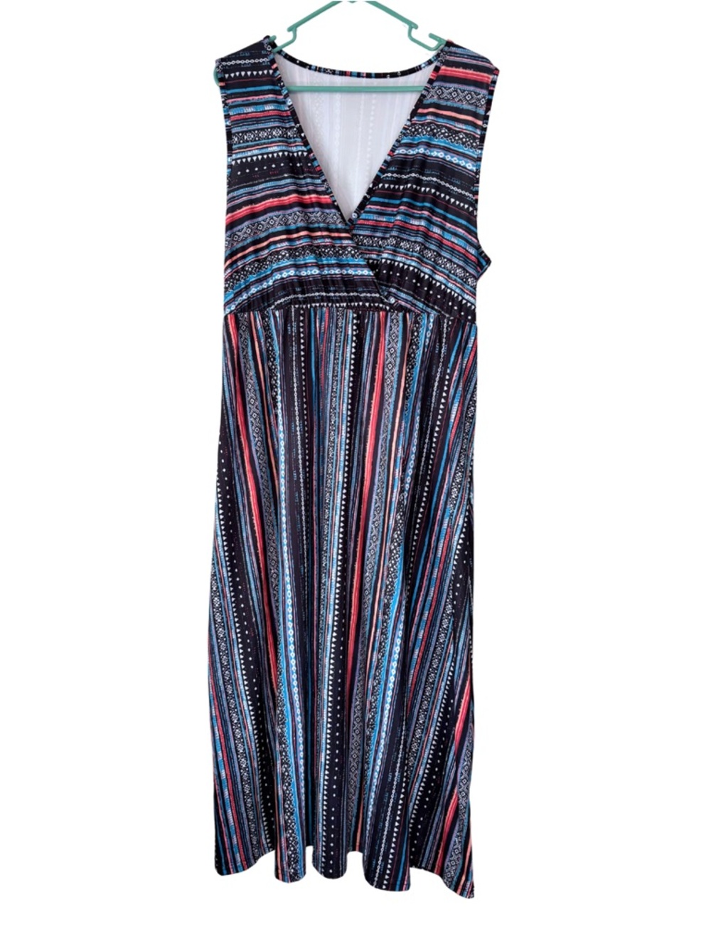 Striped V-Neck Sleeveless Midi Dress in Black, Blue & Pink